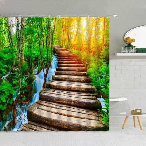 Natural Landscape Forest River Shower Curtain Wooden Bridge Mountain Flower Bathroom Fabric Supplies With Hooks Cloth Curtains