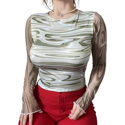 Women’s Casual Long Sleeve T-shirt Fashion Water Ripple Printing Exposed Navel Pullover Tops