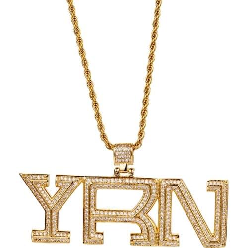 Hip Hop Iced Out Bling YRN CZ Pendant Gold Plated Chain Necklace for Men Women with 24 Inch Stainless Steel Rope Chain