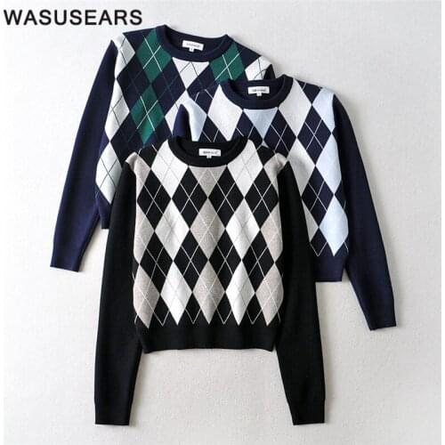 Women sweaters and pullovers 2020 casual round neck pullover ladies argyle sweater green autumn winter streetwear sweater loose