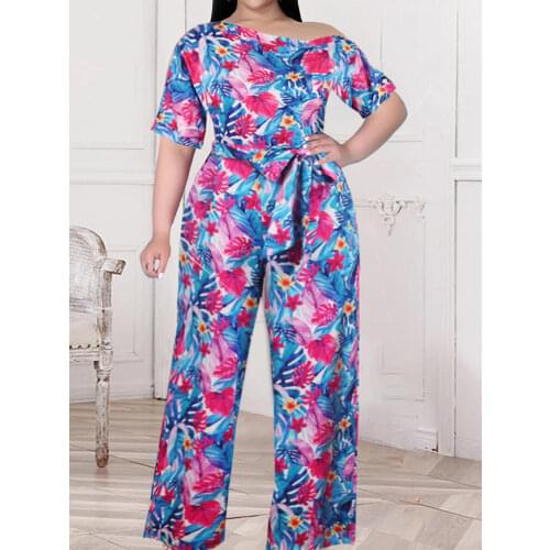 Bodycon Jumpsuits for Women Summer Off Shoulder Short Sleeve High Waist Floral Print One Piece Outfit Wide Leg Overalls 2021 New