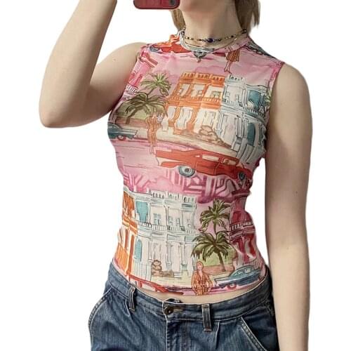 Womens Fashion Comics Printing Vest Casual Round Neck Exposed Navel Sleeveless Tops