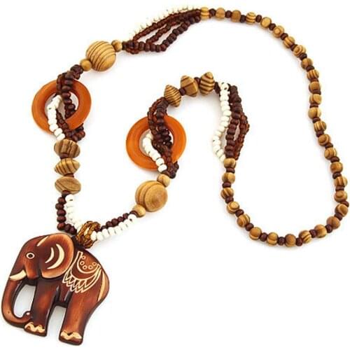 Handmade Boho Women Elephant Dolphin Fish Animal Leaf Pendant Beaded Wooden Long Statement Necklace
