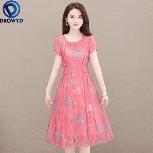 Summer Beach Boho Midi Dress for Women 2021 Fashion Floral Print Pink O-neck Short Sleeve A-line Dresses Bodycon Party Vestidos
