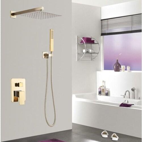 Golden Rainfall Shower Faucet Set Wall Mount Stainless Steel 12" Head Shower Mixer Tap Conceealed Install Bath Shower Tap