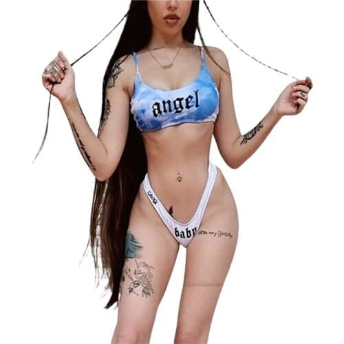 2 Pieces Funny Print Bikini Suit Swimwear Set Female Tie-dyed Letter Print U-neck Short Camisole+ Bikini Panties For Summer