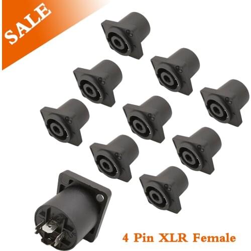 10Pcs/Lot 4Pin XLR Audio Connector Black 4 Poles Speaker Audio Female Jack Panel Mount Board Connector for PA Amplifier Cable