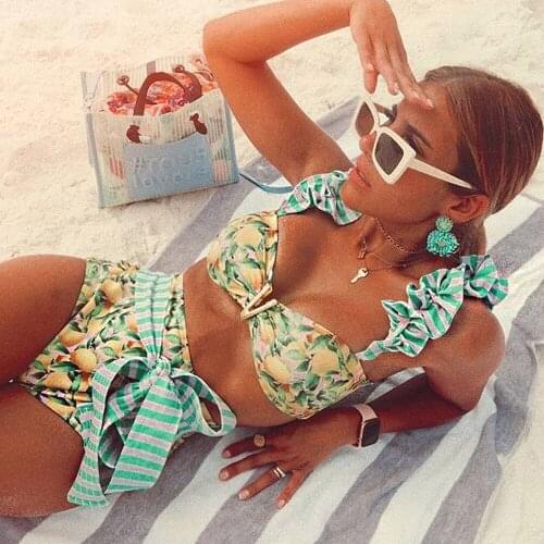Push Up Bikinis 2021 Woman Swimwear 2 Pieces Set Ruffle Print Floral Bandage High Waist Brazilian Bathing Suit Beach Biquinis