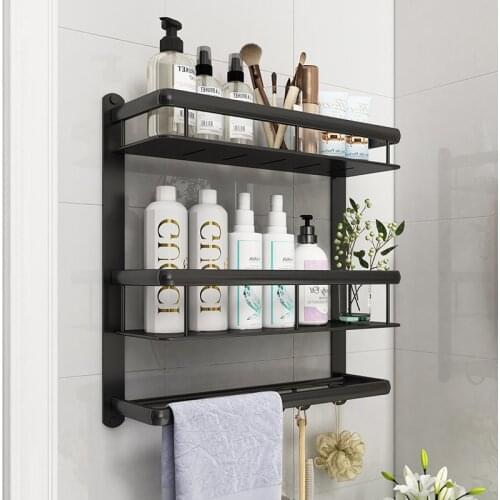 Bathroom Black Shelf Aluminum Shower Caddy Corner Shelves Bath Towel Rack Shampoo Holder with Towel Bar Hook Hair Dryer Holder