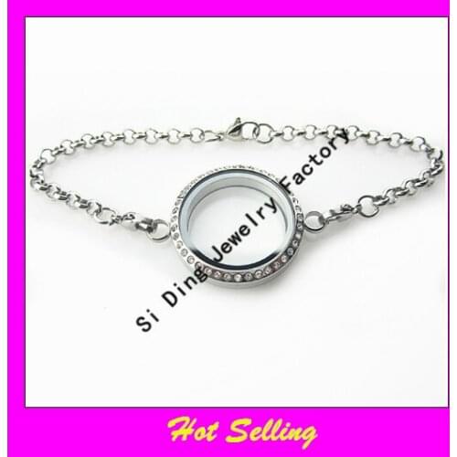 Hot selling stainless steel twist floating locket bracelet silver screw open with crystals glass memory locket 30mm
