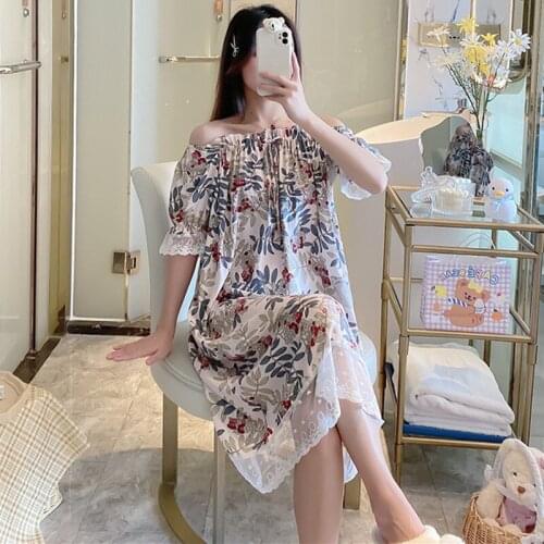 INS Net Red Night Wear Women Casual Loose Nightgowns Short Sleeve Slash Neck Nightdress Print Summer Dress Sleepwear Shirt