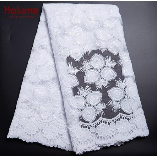 Kalume Pure White African Milk Silk Lace Fabric Embroidery French Mesh Lace Fabric With Sequins Nigerian Tulle Lace Fabric H2306