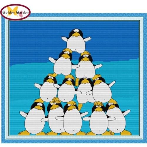 GG Penguin Pile Painting Counted Cross Stitch Kit Embroidery Needleworks Set Joy Sunday Printed Cross Stitch for Kids Home Decor