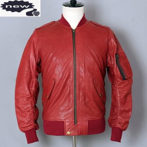 AVIREX FLY Air Force Flight Sheepskin Genuine Leather Men Motorcycle Biker Coat Red Bomber Jacket Baseball uniform