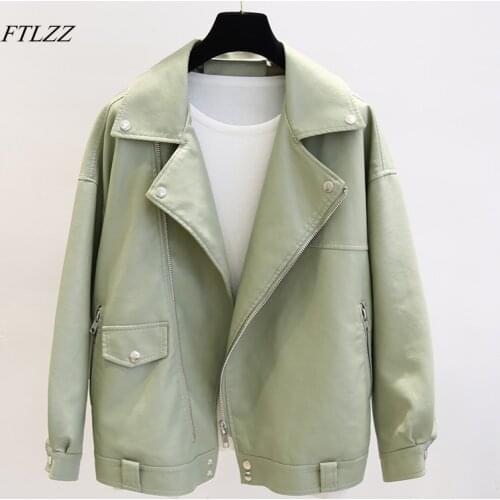 FTLZZ New Spring Faux Leather Pu Jacket Women Loose BF Coat Female Turndown Collar Moto Biker Rivet Zipper Vintage Street Jacket