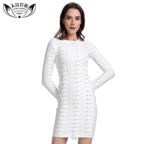 New 2018 Elegant Bandage Dress White Lace Up O Neck Long Sleeve Sexy Women Celebrity Party Dresses Vestidos De Festa