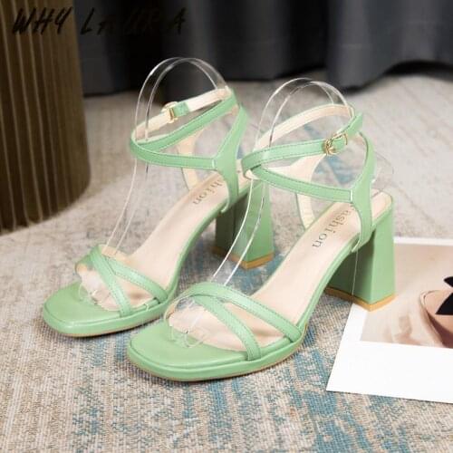 Summer 20231 new women French sandal fashion square toe chunky heel wear fashion one-button fairy high class feeling Roman shoes
