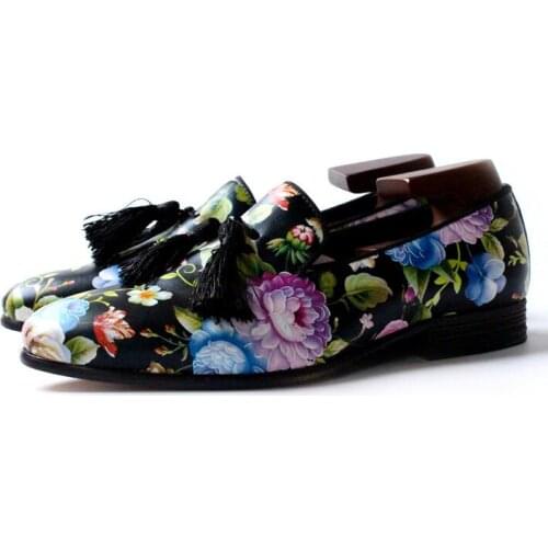 New genuine leather slip on casual shoes for men loafers tassel handmade fashion print men shoes