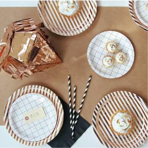 Disposable Plates Blue Gold Striped 9 Inch Paper Plate Baby Bride Shower Wedding Birthday Baptism Party Supplies