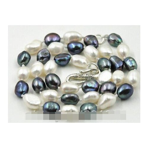 New 8-9mm black white baroque freshwater cultured pearl Necklace 17" Tibet clasp
