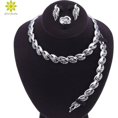 Necklace Ring Bracelet Earrings Silver Color Fine Jewelry Sets For Women Bridal Wedding Dress Accessories Set