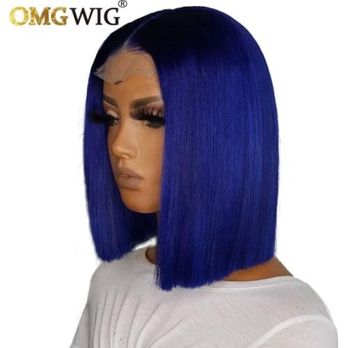 Blue Color Short Bob Wig Human Hair HD Lace Frontal Wigs For Women Pre Plucked Brazilian Remy Hair 4x4 Closure Wig Bone Straight