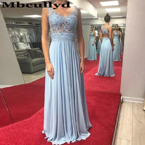 Mbcullyd Sheer V-neck Prom Dresses Long 2020 Graceful Chiffon Evening Party Dress For Women Formal Applique Lace robe de soiree