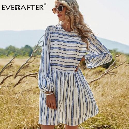 EVERAFTER Blue O-neck Striped Women Dress Summer A-line Loose Long Sleeve Elegant Midi Dress Casual Holiday Lady Dress 2021