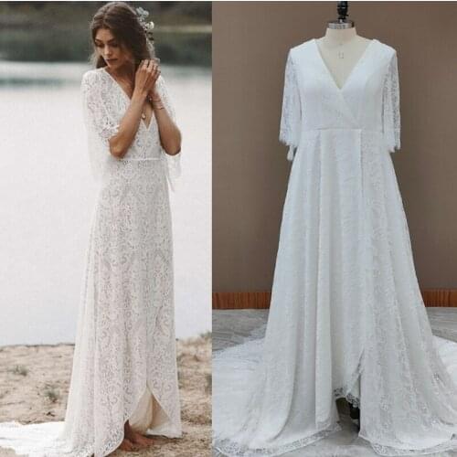 9270# V-Neck Wedding Dresses Lace Half Sleeve Sweep Train Beach Boho Backless Bridal Dress Arabic Wedding Gowns vestido novia