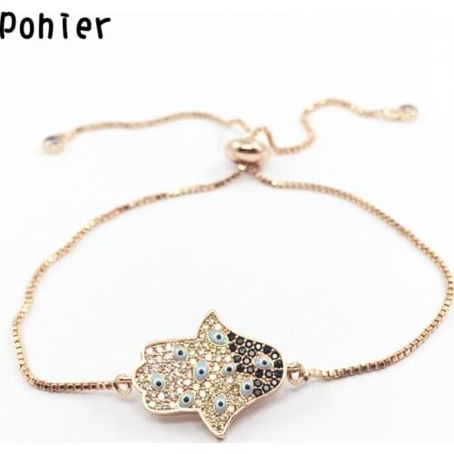 Rose Gold color Fatima Hand Evil Eye Hamsa Charms for Women Adjustable Colorful Mico Pave Bracelets CZ jewelry