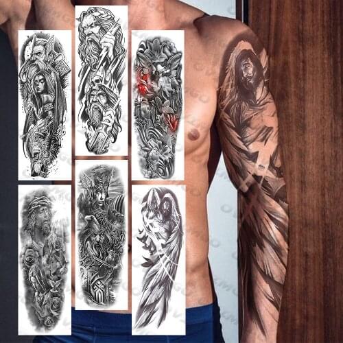 Full Arm Temporary Tattoos Sleeves For Men Women Adult Priest Jesus Warrior Angel Tattoo Paste Rose Lily Fake Tatoo Sleeve