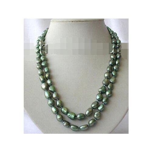 Stunning 18" 2rows 9-10mm baroque green freshwater cultured pearl necklace h752