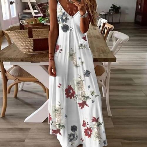 Casual Summer Print Maxi Dress 2021 Summer WomenS Fashion Sleeveless V-Neck Flower Print Plus Size Loose Elegent Maxi Dress