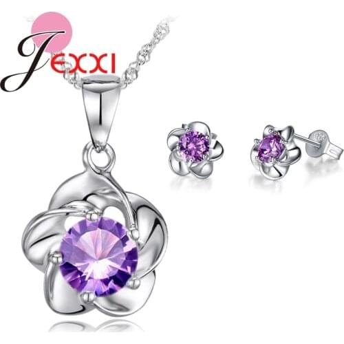 Luxury Classic 925 Sterling Silver Rose Flower Necklace Purple Cubic Zirconia Stud Earrings Bride Wedding Jewelry Sets