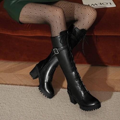 Hot Sale Autumn Winter Lacing Knee High Boots Women Fashion White Square High Heel Platform Women Shoes Buckle Large Size 34-43