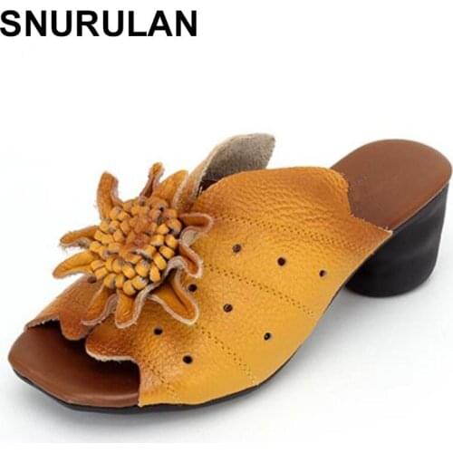 SNURULAN Ethinc Genuine Leather Round Heel Slippers|2020 summer slippers for women, casual and solid shoes, with flower pattern