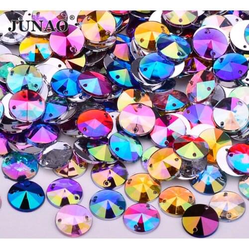 JUNAO 500pc 10mm Sewing Mix Color Crystal AB Rhinestone Flat Back Round Acrylic Strass Applique Sewn Crystal Stones for Clothes
