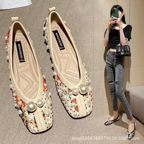 Flat Shoes Women 2021 Autumn Summer Soft Bottom Square Toe Rhinestone Pearl Boat Shoes Womens Shoes 41 zapatos de mujer