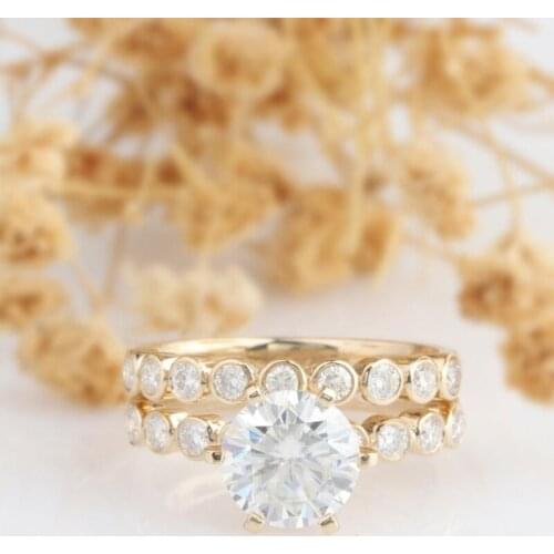 Veryins14k Yellow Gold Wedding Bridal Set 2ct 8mm DEF Color Moissanite Engagement Ring with Bezel Set Side Stone Bubble Ring