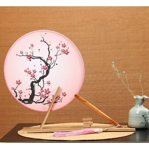 Vintage Round Silk Hand Fan Chinese Style Portable Decorative Lady Fan for Wedding Dance