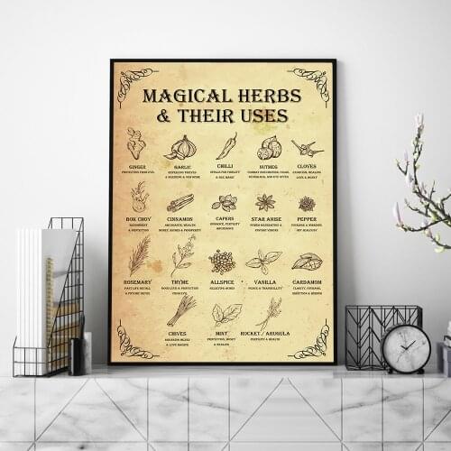 Magical Herbs and Their Uses Witchy Poster Witchcraft Kitchen Painting On Canvas Vintage Plants Pictures Pharmacy Decor Mural