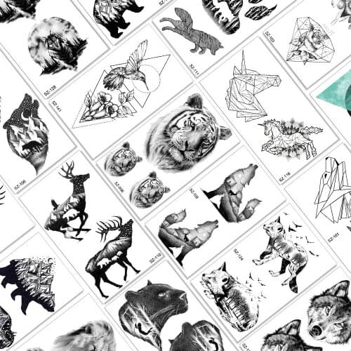 Black Tiger Elk Wolf Temporary Tattoos Body Art Arm Wasit Tattoos Paper For Men Fake Washable Realistic Forest Moon Star Sticker