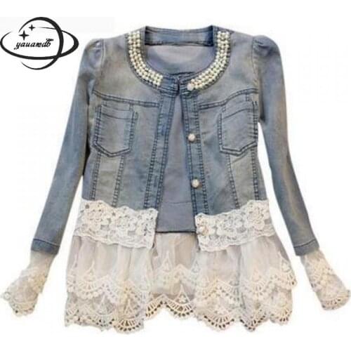 Yauamdb Women Denim Jacket 2017 Autumn Winter Size S-3xl Female Lace Jeans Coat Ladies Long Sleeve Patchwork Beading Outwear Y59