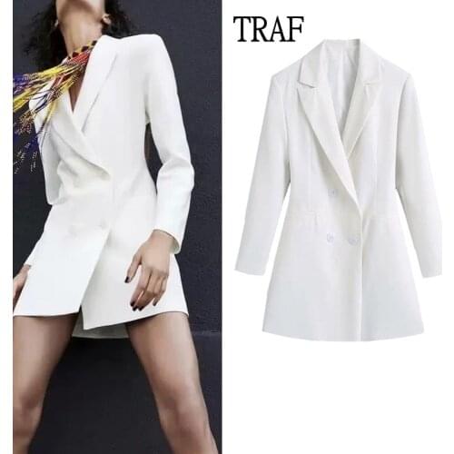 TRAF Za Women Blazer 2021 Fashion Hollow Long Sleeve Top White Jacket Blazers For Women Elegant Double-Breasted Female Blazer