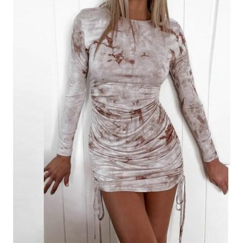 Sexy dress woman’s Fashion printing Blooming Long sleeve Drawstring Tie dye dress O-neck High waist Slim mini dress 2021 new