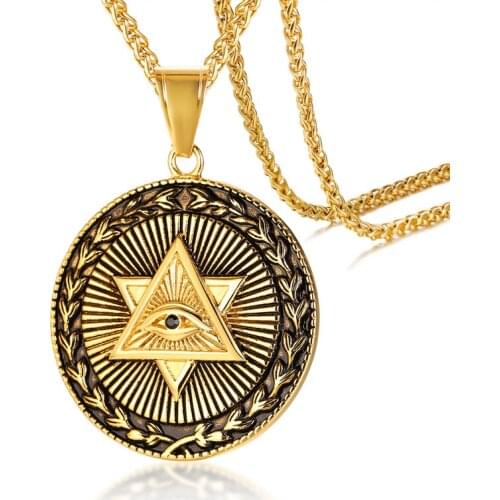 2019 Unique Pattern Titanium Steel Eye of God Pendant Necklace Gold Color Mens Round Tag Pendants Popular Accessories for Male