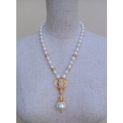 21'' Cultured White Rice Pearl Necklace cubic zirconia micro pave Pave Elephant Sea Shell Pearl Pendant classic Jewelry