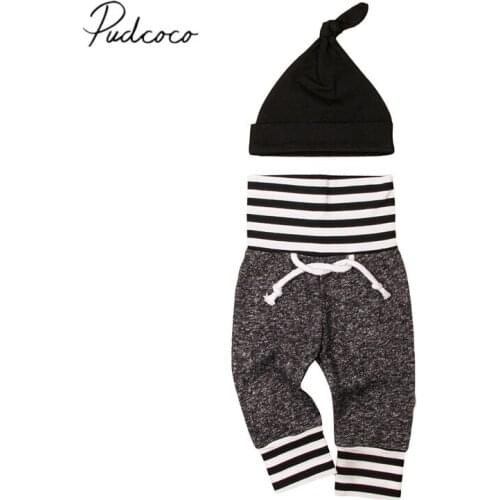50pcs/set Newborn Pants Striped Leggings + Solid Black Hat 2Pcs Bottom Straight pants