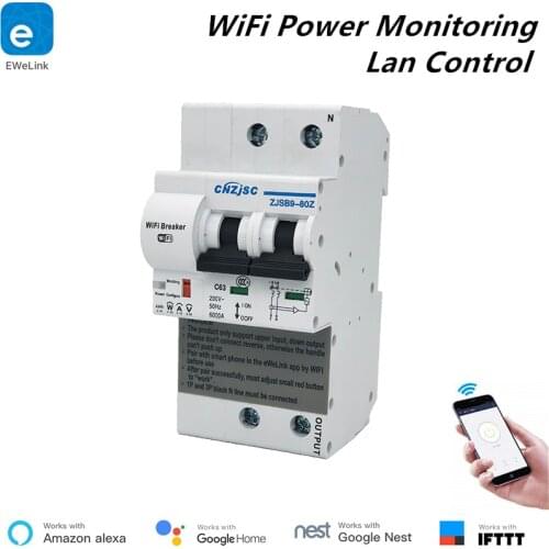 EWelink New 2P WiFi Circuit Breaker Power Monitoring Meter Function Smart Breaker Alexa Google Home Compatible Lan Control