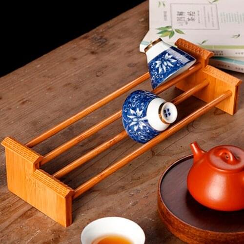Bamboo double-deck Tea Cup Storage Drain Rack, Portable Cup Holder, Kung Fu Puer Tea Set Ceremony Accessories Tools Teaware